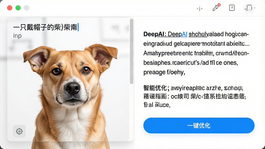 һ�Ÿ����ͼչʾDeepAI���ܻ滭����ʾ���Ż����ܣ���������������һֻ��ñ�ӵĲ�Ȯ�����Ҳ��Զ�������ϸ��Ӣ����ʾ�ʺ�����ע�ͣ���������ɫ������ť��һ���Ż����������ɾ�����������ϸ���޶���Ԫ��