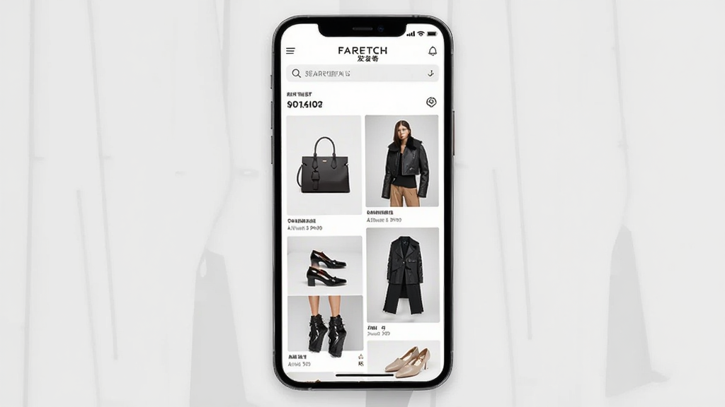 һ��չʾ�����ֻ���Ļ��ͼƬ����Ļ����ʾ��FARFETCH�����桱����App����ҳ���棬���沼�����������������������м��Ǿ�ѡ��Ʒ���ٲ���ͼƬ���������ư�����Ь�ĺͷ��Σ�������ʱ�м�Լ������Ϊ�ɾ���ǳ��ɫ�����ʸɾ��޶���Ԫ�ء�