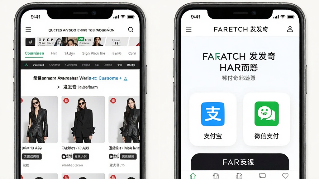һ�ŶԱ�ͼƬ�������Ӣ�İ湺����վ���棬�ұ��ǡ�FARFETCH�����桱���İ�App���棬���İ������ʾ�С�֧�������͡�΢��֧������ͼ�꣬������Ƹɾ����࣬�ص�ͻ�����ĺͱ��ػ�֧�����ܣ�����Ϊǳɫ�����ʸɾ��޶���Ԫ�ء�