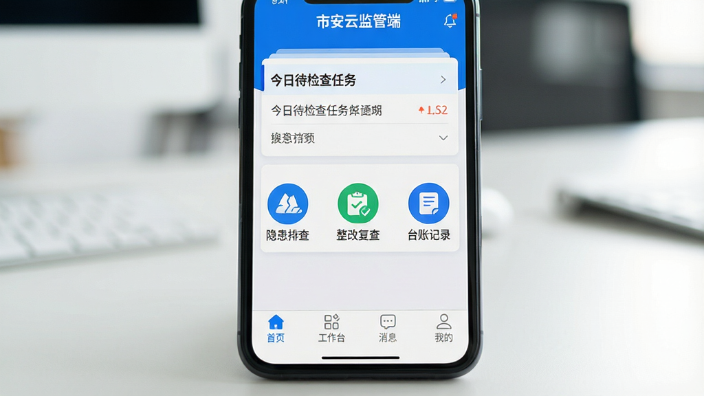 一张智能手机屏幕特写,屏幕中显示“市安云监管端”的APP主界面,界面以蓝白配色为主,顶部有“今日待检查任务”卡片,中部有“隐患排查”、“整改复查”、“台账记录”三个大图标,底部导航栏为“首页、工作台、消息、我的”,手机放在一张整洁的办公桌上,背景虚化,光线明亮,构图居中,风格写实,画质干净无多余元素