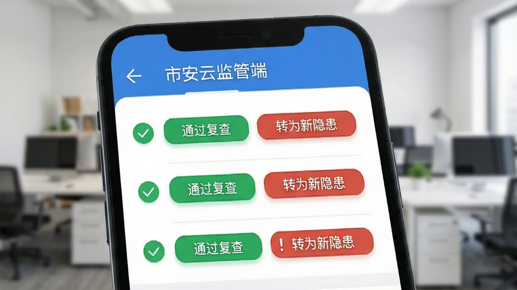 手机屏幕特写,显示“市安云监管端”的整改复查列表,每条隐患后都有“通过复查”和“转为新隐患”两个按钮,旁边有绿色对勾和红色感叹号图标,背景是模糊的办公室环境,界面UI简洁清晰,风格扁平化设计,画质干净无多余元素