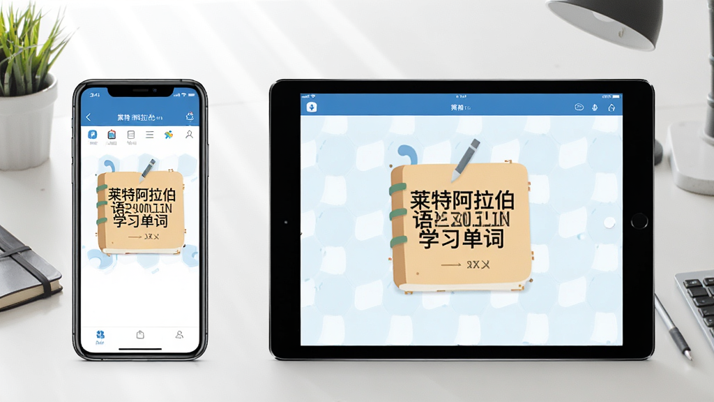 一张展示“莱特阿拉伯语学习背单词”应用在手机和平板上使用的对比图片,左边是手机界面,右边是平板横屏显示,背景是整洁的书桌,光线明亮,细节清晰,画质干净无多余元素