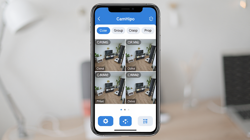 һ�Ź���չʾͼ��������һ���ֻ���Ļ��ʾ��CamHipro����APP���棬�����Ƿ����ǩ�����м����Ĺ����ػ��棬ÿ������������豸���Ʊ�ע���ײ��ǹ��ܰ�ť�����岼��������������ɫ����ƽ����ƣ�ϸ�ھ��£����ʸɾ�