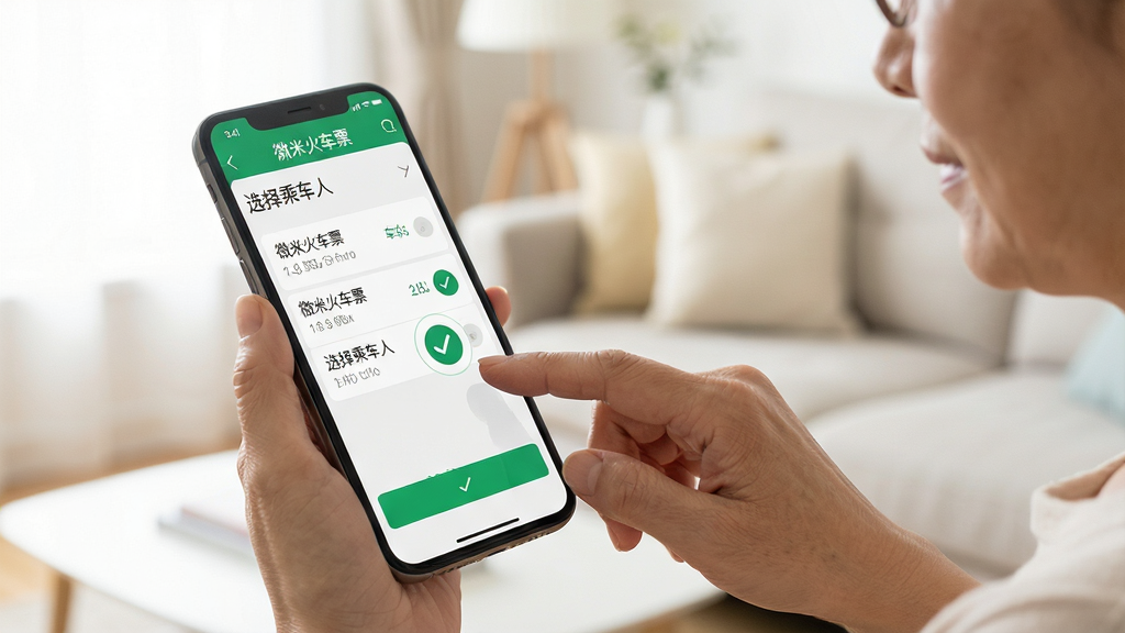 һ������Ů����ָ����ֻ���Ļ�ϵġ�΢�׻�Ʊ��APP����Ļ��ʾ�����б��롰ѡ��˳��ˡ�ҳ�棬�������������Ա�����ɫ�Թ�ͼ���ʾ�����ɹ�����������Ϊ�����ֲ���д���ֻ�������Ϊ������������ͼƫ���Ű���Ȼ��дʵ��Ӱ���ϸ����ʵ�����ʸɾ��޶���Ԫ��