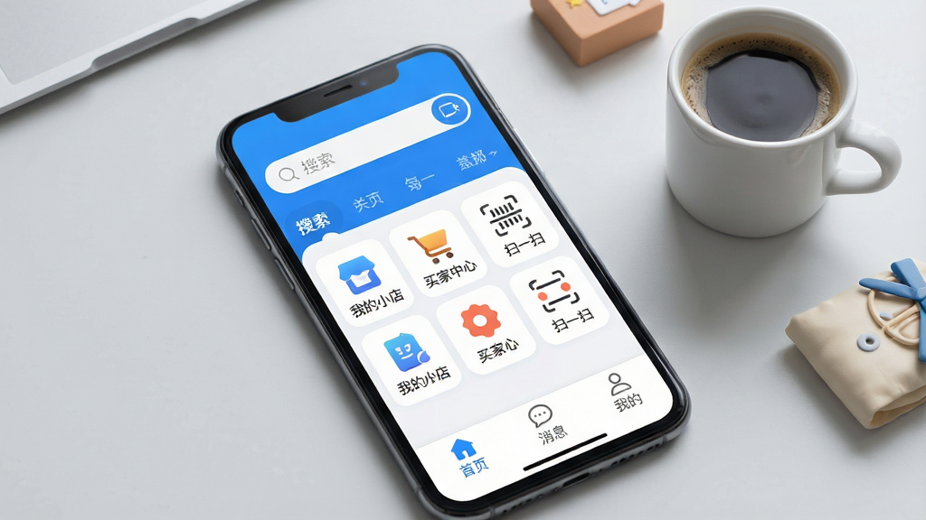 һ��չʾ΢��app���ֻ���Ļ�����е����Ӿ�ͼ��������΢�����ҳ���棬����������ʾ�������������в�����ͼ���硰�ҵ�С�ꡱ��������ġ���ɨһɨ�����Լ��ײ�����������ҳ������Ϣ�����ҵġ����������ִ���ƽ��������Ϊ��ɫ����ϸ��Բ�󣬻��ʸɾ��޶���Ԫ�أ�����Ϊǳ��ɫ���棬�ֻ��Ա߷���һ�����Ⱥͼ���С��Ʒģ�ͣ�Ӫ�����ɱ�ݵĹ��￪���Χ��