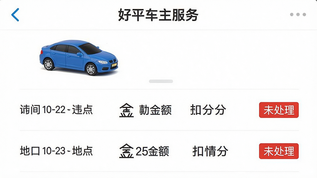 һ���ֻ���ͼ��չʾ����ƽ�������񡱵�Υ�²�ѯ���ҳ�棬ҳ����һ����ɫ����ģ��λ�ڶ������·������г�Υ��ʱ�䡢�ص㡢������Ϳ۷������ÿ����¼�Ҳ��С�δ�������ĺ�ɫ��ǩ����������԰�ɫΪ�ף���ɫ��׺����Ϣ�������򣬱�ƽ����ƣ����ʸɾ����޶���Ԫ�ء�