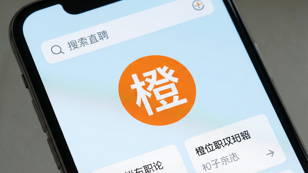 һ�������ֻ���Ļ��д����Ļ�м���ʾ������ֱƸ��APP��logo�ͽ��棬logoΪ��ɫԲ�εװ�ɫ���ȡ��֣����沼�ּ�࣬�Ϸ����������·���ְλ��Ƭ�б�������Ϊ����ɫ���������ƽ����ϸ�����������ʸɾ��޶���Ԫ��