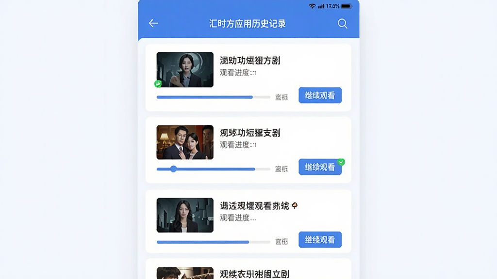 һ�Ż�ʱ��Ӧ����ʷ��¼ҳ���ʾ��ͼ���б����м�������ۿ��Ķ̾磬ÿ�����·���ʾ�ۿ��������͡������ۿ�����ť�������Կ�Ƭʽ���֣�������ɫ������ƽ�����ʸɾ���