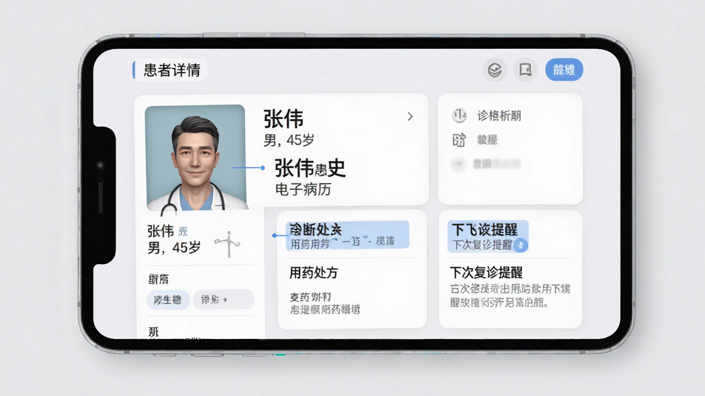 ������ҽ���˵Ļ�������ҳ�棬��Ļչʾһλ���⻼�ߡ���ΰ���У�45�ꡱ�ĵ��Ӳ��������������ʷ����ҩ�������´θ������ѣ�������ÿ�Ƭʽ��ƣ���������������ɫ������ע�ؼ���Ϣ������Ϊǳ��ɫ�����רҵ���࣬���ʸɾ��޶���Ԫ�ء�