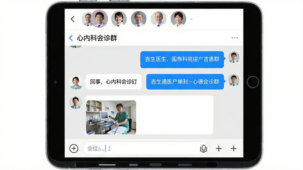 ������ҽ�����Ŷ�Ⱥ�Ľ��棬��Ļ��ʾһ����Ϊ�����ڿƻ���Ⱥ�������촰�ڣ�����������Ϣ��ͼƬ�������ײ��������͡�+���Ű�ť�������г�Աͷ���б�����������������IM����������࣬��ɫ����Ϊҽ���������ݣ���ɫ����Ϊͬ�»ظ������ʸɾ��������������޶���Ԫ�ء�