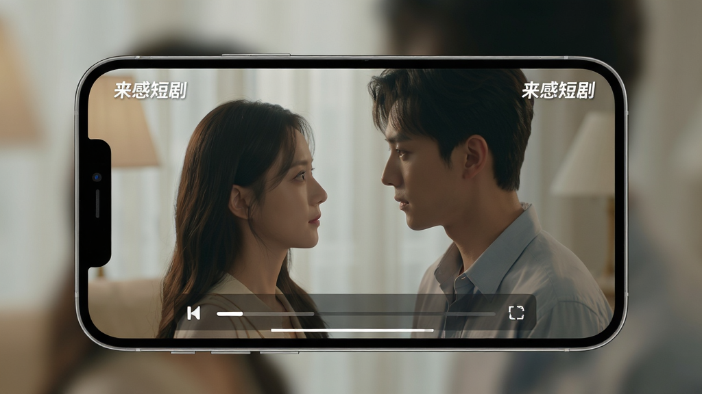 主体:手机横屏播放一部短剧,画面中男女主角对视,屏幕角落有“来感短剧”水印;布局:手机占据画面中央,播放器控制条半透明悬浮于底部;排版:左右对称,背景虚化处理;风格:写实影视剧风格,灯光柔和;细节:屏幕内显示“来感短剧”字样,播放画面清晰流畅;画质:高分辨率,干净无多余元素。