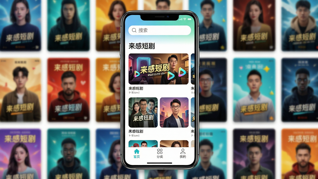 主体:一部智能手机屏幕显示“来感短剧”主界面,背景是热门短剧海报墙;布局:手机居中,界面简洁清晰,顶部为搜索栏,中间为推荐剧集卡片流,底部有“首页”“分类”“我的”三个选项卡;排版:卡片式布局,错落有致;风格:现代扁平化设计,色彩鲜活明亮;细节:屏幕内文字“来感短剧”清晰可见,剧集封面图精美,整体氛围轻松娱乐;画质:高清细腻,干净无多余元素。