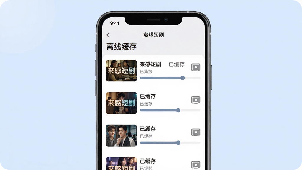 主体:手机屏幕显示“来感短剧”缓存管理页面,有多个连续剧集显示“已缓存”状态;布局:手机居中,背景为淡蓝色,页面顶部为“离线缓存”标题;排版:列表式布局,每行显示剧名、集数、缓存进度条;风格:简洁实用,色彩温和;细节:屏幕内出现“来感短剧”文字,缓存图标明显;画质:干净无多余元素。