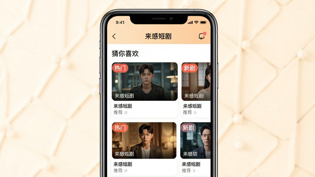 主体:手机屏幕展示“来感短剧”推荐页面,根据用户偏好展示“猜你喜欢”板块;布局:手机居中,页面顶部为“推荐”标签,下方为横向滚动的剧集卡片;排版:卡片大小不一,突出个性化推荐,整体有序;风格:简洁明亮,暖色调;细节:卡片上标注“热门”“新剧”等角标,屏幕内文字“来感短剧”出现;画质:清晰干净,无多余元素。