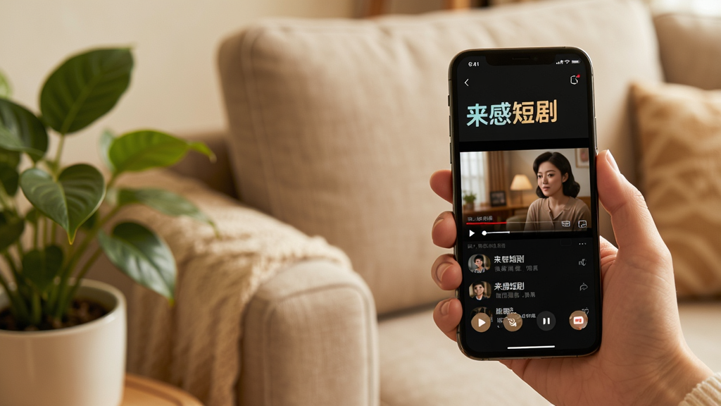 主体:一只手拿着手机,屏幕上显示“来感短剧”播放页面,背景是舒适的沙发;布局:手持手机位于画面右侧,左侧有绿植点缀;排版:以暖色调为主,营造放松氛围;风格:生活方式摄影,自然光;细节:手机屏幕中“来感短剧”字样清晰,画面播放着短剧;画质:高清,干净无多余元素。