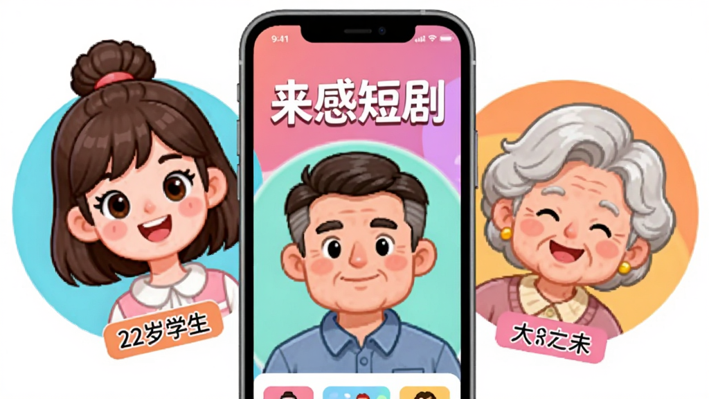 主体:三张不同年龄段的用户头像(年轻女生、中年男士、老年女性)围绕在手机周围,手机屏幕显示“来感短剧”界面;布局:头像呈扇形分布,手机居中;排版:头像大小统一,有名字标签(如“22岁学生”);风格:可爱卡通风格,色彩鲜艳;细节:屏幕上“来感短剧”文字清晰,人物表情愉悦;画质:干净无多余元素。