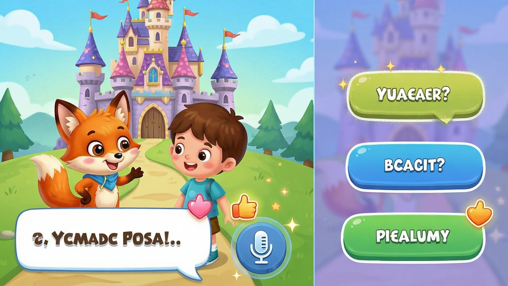 չʾApp�ڻ�������Ľ�ͼ����棬�����ǿ�ͨС���ꡰС����ABC���ͺ��ӽ�ɫվ��ħ���Ǳ�ǰѡ��·���������·�����Ŀ��Ӣ�ĶԻ����ݺ���˷�ͼ�꣬����Ϊ����ʽ����߾����ұ߻�����ť���Ű�������ϸ���й������޵Ķ�����Ч�����������ɾ������Ϊ��ͯ��ͨ���޶���Ԫ��