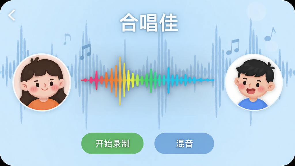 չʾ���ϳ��ѡ�APP�ĺϳ�¼�ƽ��棬������������ͨ����ͷ��ֱ����������࣬�м���һ����̬�����첨�Σ������Բ�ɫ��ʾ�������·��С���ʼ¼�ơ��͡���������ť�������ǵ���ɫ������ͼ����������������������ʸɾ��޶���Ԫ�ء�