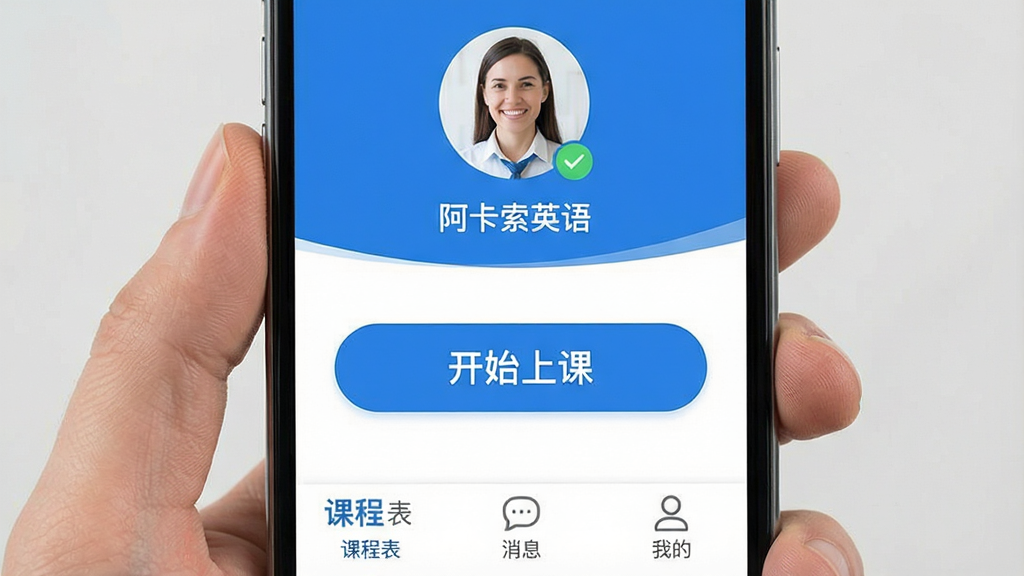 һ���ֻ���Ļ������չʾһ����Ϊ��������Ӣ���App���棬��������ˬ��࣬��ɫ��Ϊ���״��䣬������ʾ�������ͷ�������״̬���м��Ǵ��ġ���ʼ�ϿΡ���ť���ײ��пγ̱�����Ϣ���ҵ�����ѡ��������Ű�ɾ���������ƽ����ƣ����ʸ��壬ϸ�ھ��£��޶���Ԫ�ء�