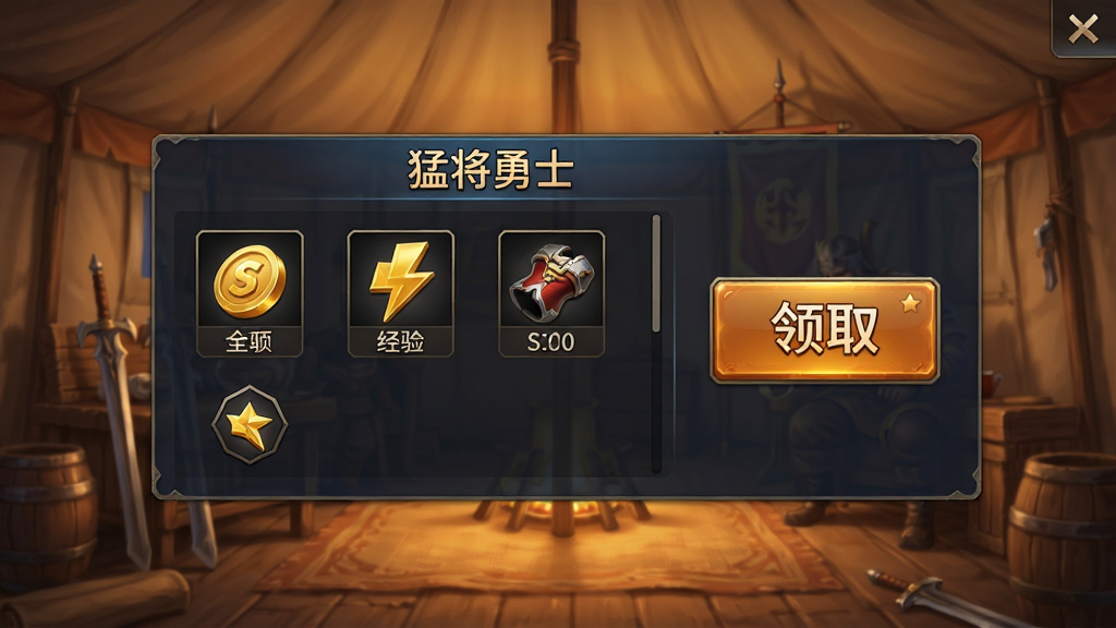 ��Ϸ�������������棬����������ʾ���ͽ���ʿ���Ĺһ�����ͳ����壬������ҡ����顢װ����ͼ�꣬�Ա���һ�����ġ���ȡ����ť��������Ӫ���ھ���ůɫ��������UI�����׶������дʵ�����ʸɾ��޶���Ԫ�ء�