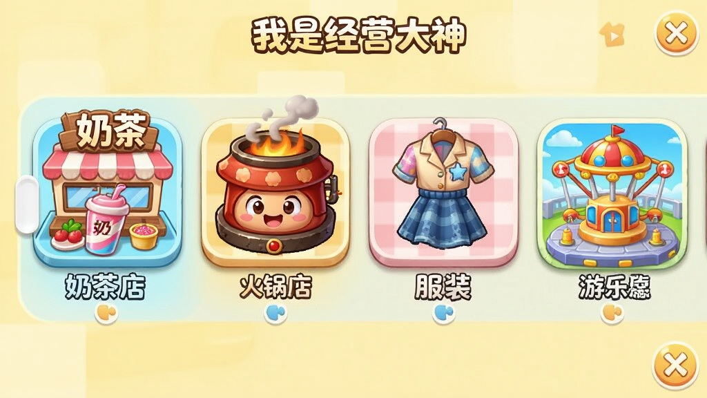 �����Ǿ�Ӫ������Ϸ�ڵ���ѡ����棬չʾһ�Ų�ͬ���ĵ���ͼ�꣬�����̲�ꡢ����ꡢ��װ������ֳ���ÿ��ͼ����ƾ������������������ɼ���������û���ʽ���֣������ǵ���ɫ��������ͨ�ɰ�������ϸ��ɾ�