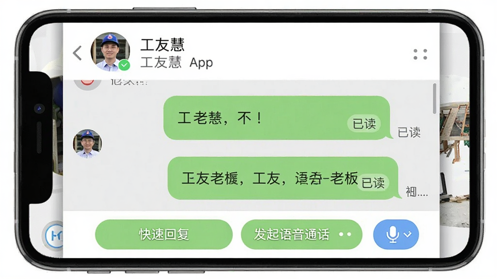 չʾ���ѻ�App��������棬�����ǹ��Ѻ��ϰ�ĶԻ��򣬲������½ṹ���Ϸ��ǶԷ�����Ƭ���м��ǶԻ����ݣ��·��ǿ�ݻظ���ť���Ű��࣬����ճ���ϸ���С��Ѷ�����Ǻ͡���������ͨ����ͼ�꣬���ʸɾ��޶���Ԫ��