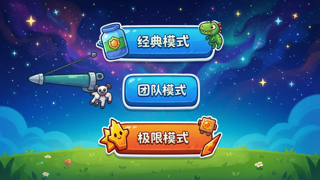 ��Ϸģʽѡ����棬��Ļ���С�����ģʽ�������Ŷ�ģʽ����������ģʽ��������ť����ť��Χ�п�ͨͼ��װ�Σ������Ƕ�̬���ǿպͲݵأ�������ͳһ���������������ʸɾ����޶���Ԫ��