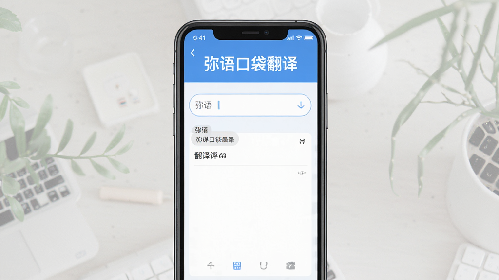 弭语口袋翻译应用主界面,手机屏幕占据画面中心,显示“弭语口袋翻译”字样,蓝白配色,界面简洁,输入框和翻译结果区域,背景干净,扁平化设计,画质高清,无多余元素