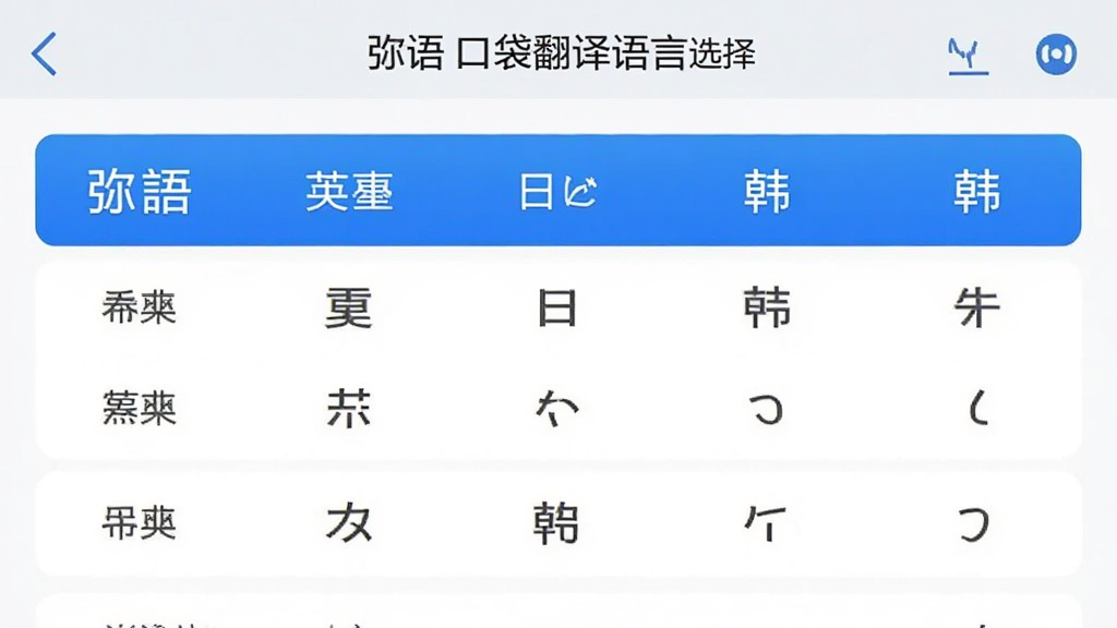弭语口袋翻译语言选择界面,显示多国语言列表,中文英文日文韩文等,界面设计简洁,选中高亮效果,扁平化风格,蓝白配色,画质清晰,无多余元素