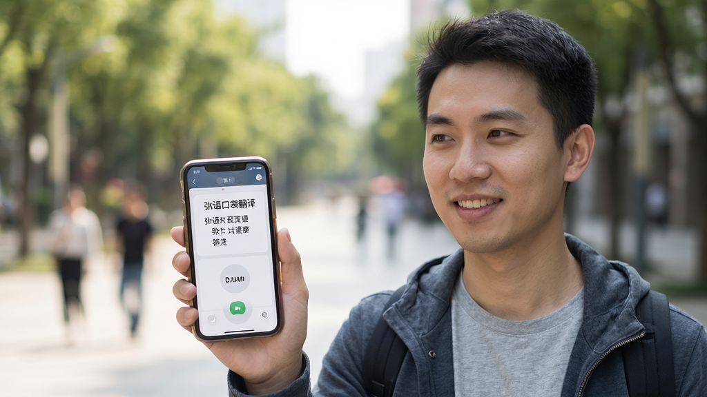 弭语口袋翻译使用场景图,用户手持手机进行语音翻译,屏幕上显示翻译结果,背景是室外场景,人物为亚洲男性,穿着休闲,表情自然,手机界面清晰显示“弭语口袋翻译”,画面真实,画质高清,无多余元素
