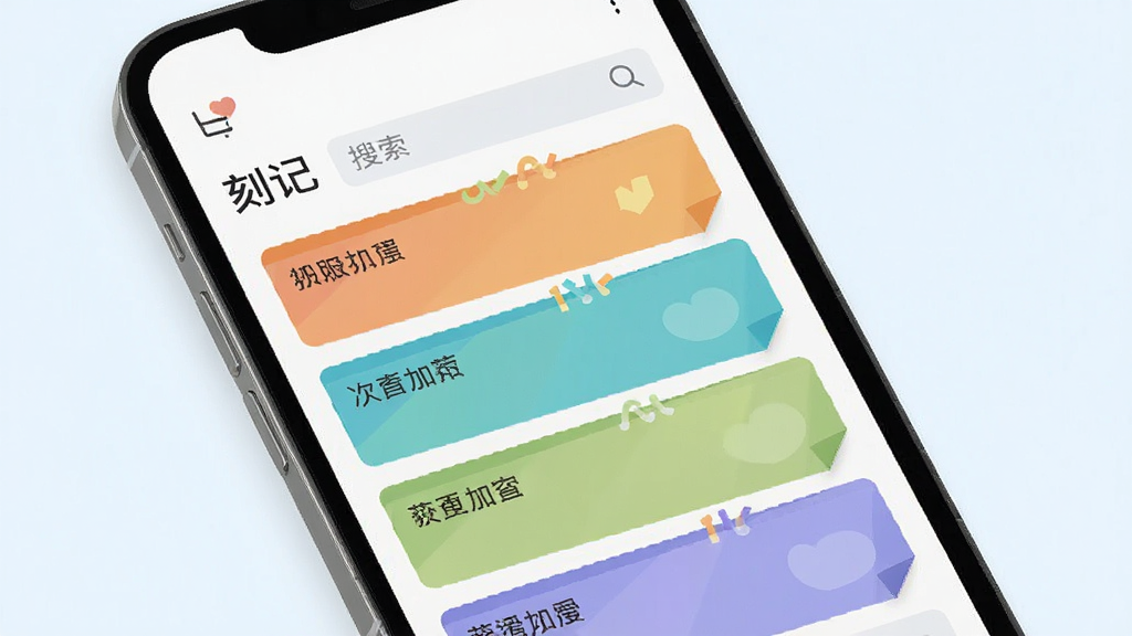 һ��չʾ�̼�App���Ĺ��ܵ�����ͼ������Ϊһ�������ֻ���Ļ����Ļ��������ʾ���̼ǡ������棬���ü�����б����֣����������������·��Ǽ�����ͬ��ɫ�ı�ǩ��Ƭ���������ƽ������ɫ�԰�ɫ�͵���ɫΪ�������ʸɾ����޶���Ԫ��
