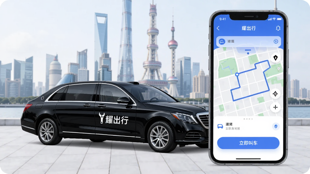 ͼƬչʾҫ����APP�����棬һ����ɫ��������ͣ�ڳ��еر�ǰ���������С�ҫ���С���־�����������������ʾ�������г�����ť�͵�ͼ·�ߣ�������ɫ���ִ���ƽ����ƣ����ʸɾ��޶���Ԫ�ء�