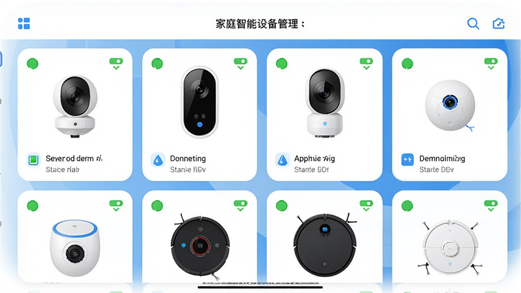 һ�ż�ͥ�����豸��������Ľ�ͼ��������չʾ��̨�豸������ͷ�����塢ɨ�ػ�������������App�б��ÿ���豸����״̬ͼ�꣬�����԰�ɫ����ɫΪ�����������Ű��࣬����ִ���ϸ�����������ʸɾ��޶���Ԫ�ء�