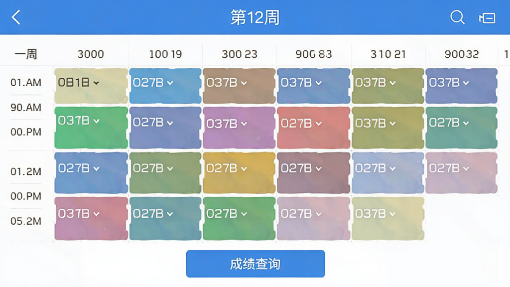չʾ�����Ͻ�App�Ŀα����ܽ�ͼ��񣬽�����ʾһ�ܿγ�ʱ�������ͬ�γ��ò�ͬ��ɫ�����֣������С���12�ܡ��������ײ��С��ɼ���ѯ����ť��������������׶�����ƽ�������ɫ��Ϊ�������ʸɾ��޶���Ԫ�ء�