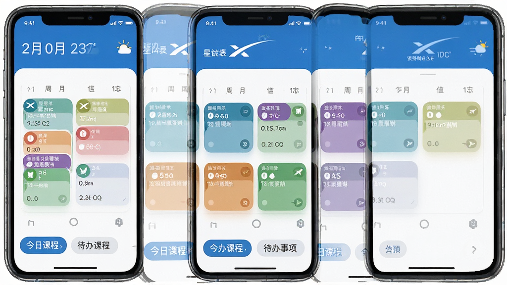 һ��չʾ�����α�App���ֻ��ϵ���������Ч��ͼ�������Ǽ���������ɫ�α�����ͼ��������ʾ��ǰ���ں��������γ̿�Ƭ�ò�ͬ��ɫ���֣��ײ��н��տγ̺ʹ��������ǩ�����岼���������Ű����룬���ñ�ƽ����Ʒ��ϸ��Բ�󣬻��ʸɾ��޶���Ԫ��