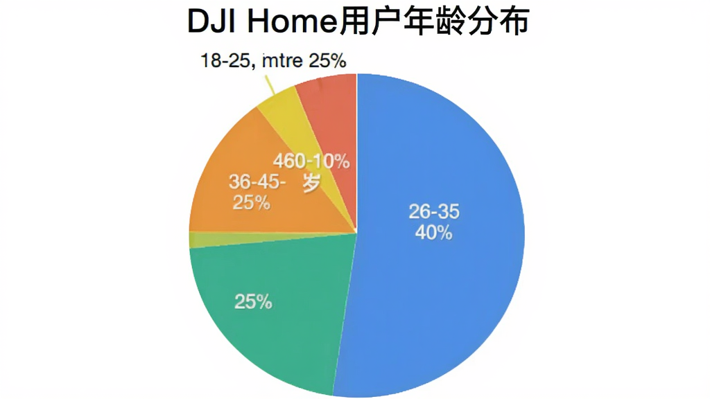 һ�ű�״ͼ��չʾDJI Home�û�����ֲ���18-25��ռ25%��26-35��ռ40%��36-45��ռ25%��46-60��ռ10%��ͼ������࣬��ɫ�������ԣ�����Ϊ