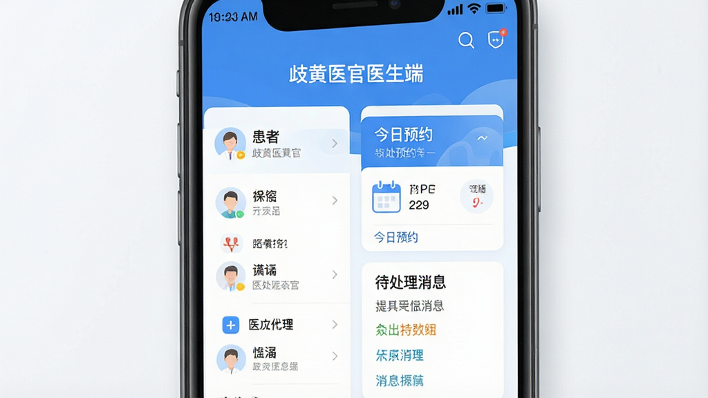 ͼƬ������ʾ�ʣ�����Ϊ�����ҽ��ҽ���ˡ�APP���棬չʾҽ������̨��ҳ�棬���������б�������ԤԼ����������Ϣ��ģ�顣���֣��ֻ���Ļ���У�����������ɫ��������ʾ������ͼ�ꡣ�Ű棺����ƽ����ƣ�ͼ��Բ�󡣷���ִ�ҽ�ƿƼ��С�ϸ�ڣ���Ļ���С����ҽ��ҽ���ˡ����������ʣ����壬����ɾ��޶���Ԫ�ء�