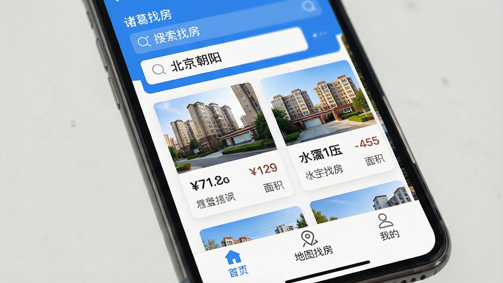 一张手机屏幕展示“诸葛找房”APP主界面,界面风格简洁现代,以蓝白为主色调,顶部搜索栏显示“北京 朝阳”,下方房源卡片清晰展示小区图片、价格、面积,底部导航栏为“首页”“地图找房”“我的”,整体布局干净,画质清晰,无多余元素。