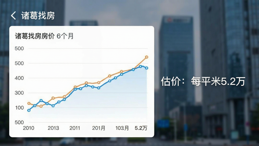 一张手机截图样式图片,显示“诸葛找房”的房价走势图,折线图清晰展示近6个月价格变化,旁边有“估价:每平米5.2万”字样,背景是模糊的城市建筑,整体风格专业简洁,画质清晰,无多余元素。