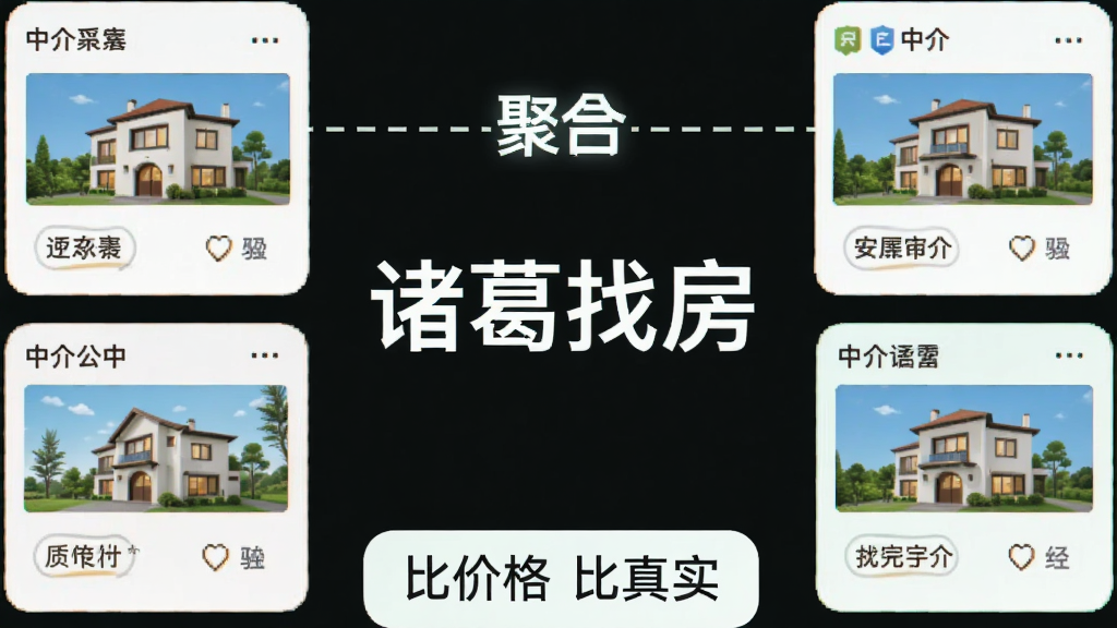 一张对比图表风格的插画,中央有“诸葛找房”字样,左右两侧是不同中介平台的房源卡片,一条虚线连接表示“聚合”,底部显示“比价格 比真实”,整体色调清新,扁平化设计,画质干净,无多余元素。