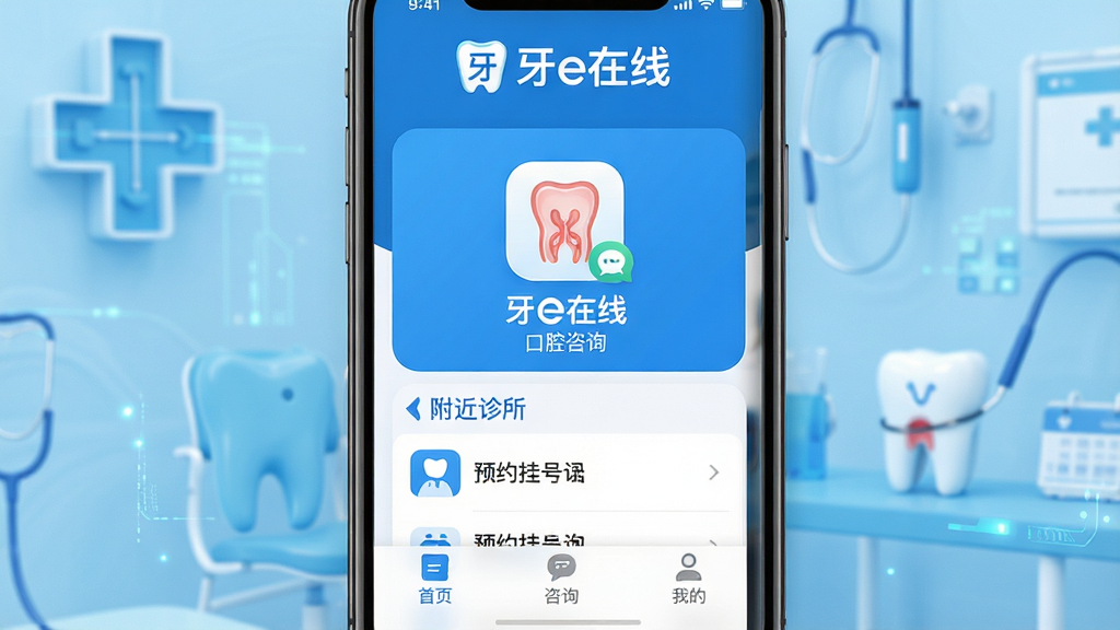 ���壺һ�������ֻ���Ļ��ʾ��e����App�����棬���涥����ʾ����e���ߡ�Ʒ�Ʊ�ʶ���м��ǿ�ǻ�����Բ�ͼ��͸��������б����ײ�Ϊ��ҳ����ѯ���ҵ�����ѡ������֣����й�ͼ���ֻ�ռ�ݻ������壬��Χ�м�����ɫҽ�Ʊ������Ű棺����UI���������ֱ�ǩΪ����e���ߡ�����ǻ��ѯ����ԤԼ�Һš�������ִ���ƽ����ƣ�ҽ�ƿƼ��С�ϸ�ڣ��ֻ���Ļ����������ͼ��Բ��ɫ��������Ϊ�������ʣ�������Ⱦ���ɾ��޶���Ԫ�ء�