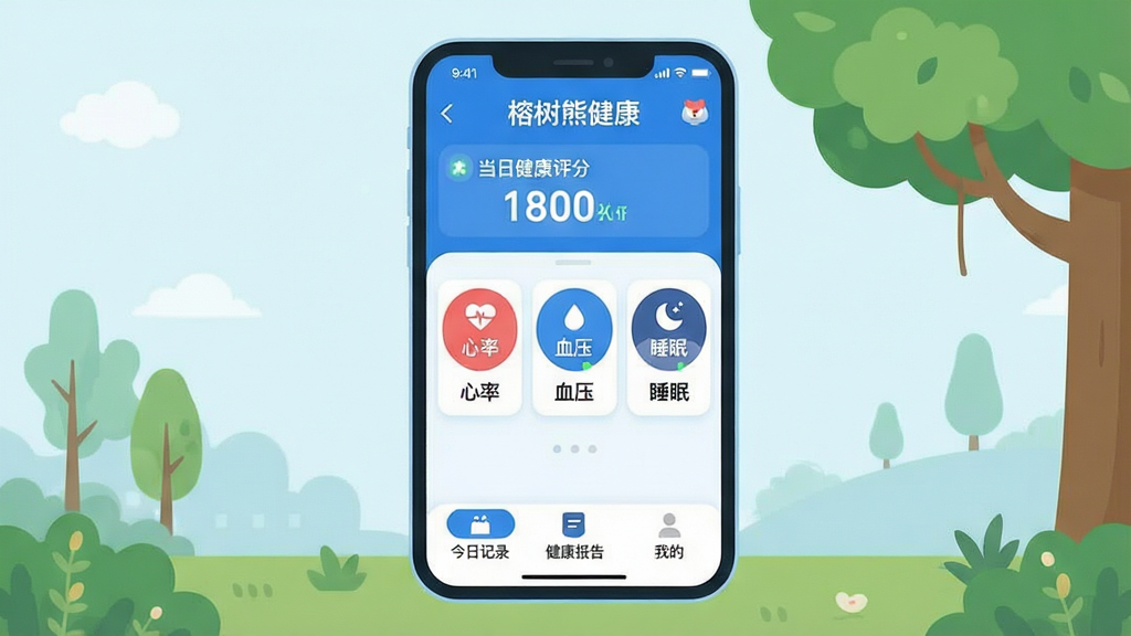 һ��չʾ�����ܽ���APP���Ĺ��ܵĿ�����ƽ�廭������Ϊ�ֻ���Ļ���棬���涥����ʾ�������ܽ����������͵��ս������֣��в�Ϊ���ʡ�Ѫѹ��˯������Բ�����ݿ�Ƭ���ײ�Ϊ�����ռ�¼�������������桱�����ҵġ�����ѡ������岼��������������ɫ������ִ���࣬ϸ��Բ�󣬻��ʸɾ��޶���Ԫ��
