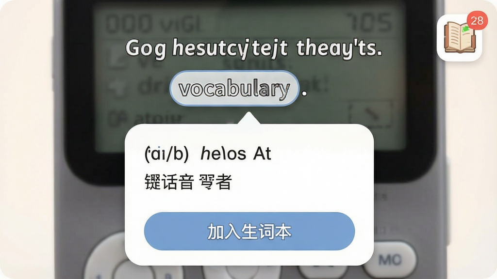 ���壺ѧӢ��100LS�������Ĳ�ʹ�����ʾ�����֣��Ϸ���Ӣ�ľ�����Ļ�����С�vocabulary��һ���·������������忨Ƭ����Ƭ�ڰ���������������壬�·��ǡ��������ʱ�����ť���Ű棺��Ļ����������Բ���ڵ���Ҫ���ݣ���񣺼������磻ϸ�ڣ����ʱ�ͼ��λ�����Ͻǣ��нǱ���ʾ���������ʣ�����������ɾ��޶���Ԫ�ء�