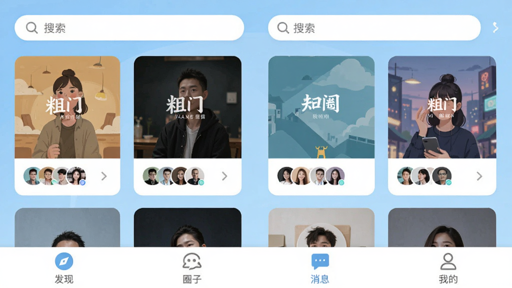 ͼƬչʾ�����š�App�����������棬���������֡�����Ȧ�ӡ�������Ϣ���͡��ҵġ��ĸ��ײ���ǩ��������������ҳ����ǳ��ɫΪ��ɫ������Ƭʽ����չʾ��ͬ��ȤȦ�ӵķ���ͳ�Աͷ�����������¼�࣬��ƽ����ƣ����ʸɾ��޶���Ԫ�ء�