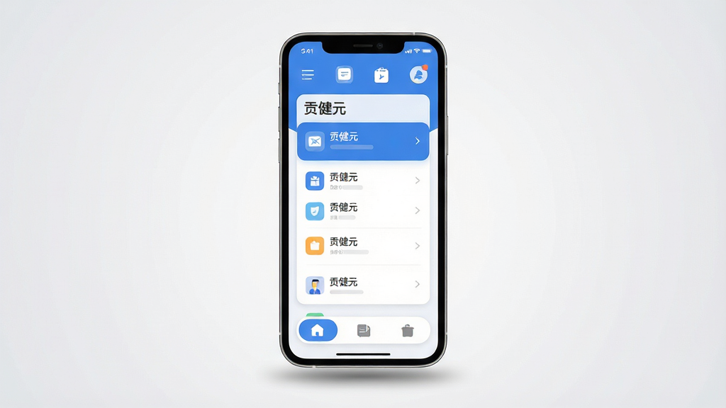 图片生成占位符:主体:一部智能手机屏幕占据画面中心,屏幕上清晰显示“贡健元”主界面,界面风格现代扁平,以蓝白为主色调,顶部有简洁的功能图标,中部为卡片式信息列表,底部为三个圆角选项卡。布局:手机竖向居中,背景为浅灰色渐变,四周留白干净,手机下方有柔和阴影。排版:界面文字标签清晰,图标大小统一,留白充足,视觉层次分明。风格:扁平化设计,圆角元素,细节精致,整体氛围专业且轻松。画质:高分辨率,图像干净无多余元素,色彩饱和度自然。