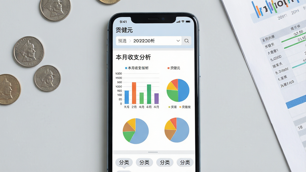 图片生成占位符:主体:手机屏幕显示“贡健元”的数据统计页面,页面中有彩色柱状图和饼状图,顶部有日期筛选器,底部有分类标签。布局:屏幕居中,背景为浅灰色桌面,周围散落几枚硬币和一张报表纸。排版:图表数据用不同颜色区分,图例清晰,标题为“本月收支分析”,字体清晰。风格:商务简约,色彩明快,画质干净,无多余元素。