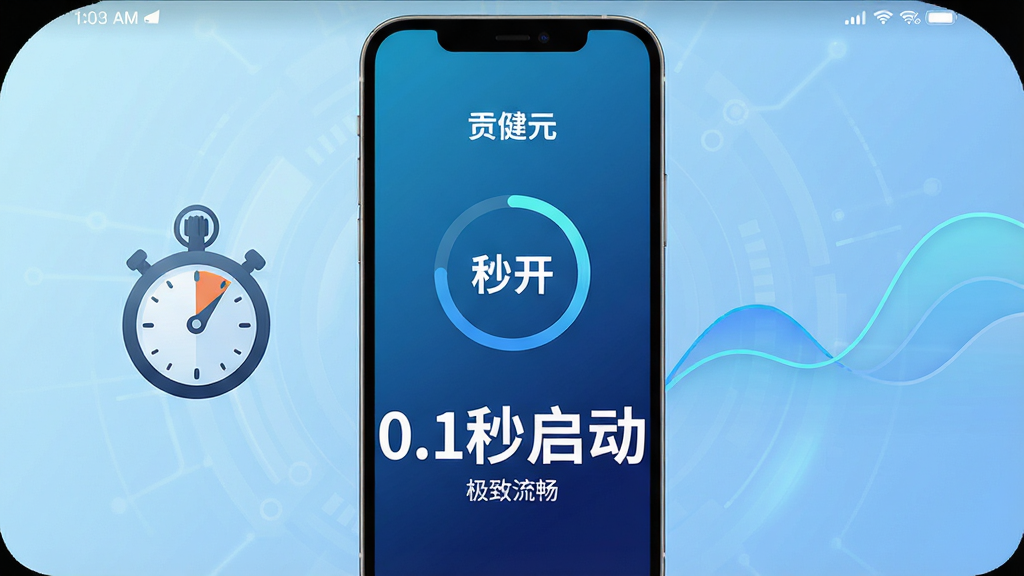 图片生成占位符:主体:手机屏幕显示“贡健元”的加载页面,中央有一个圆形进度条瞬间完成,旁边文字突出“秒开”字样。布局:手机左侧放置一个秒表图标,右侧有流畅的波浪线代表性能曲线,背景为浅蓝色科技感渐变。排版:界面中央大号字体显示“0.1秒启动”,下方小字“极致流畅”,布局对称。风格:科技感、动态、现代,画质高清,干净无多余元素。