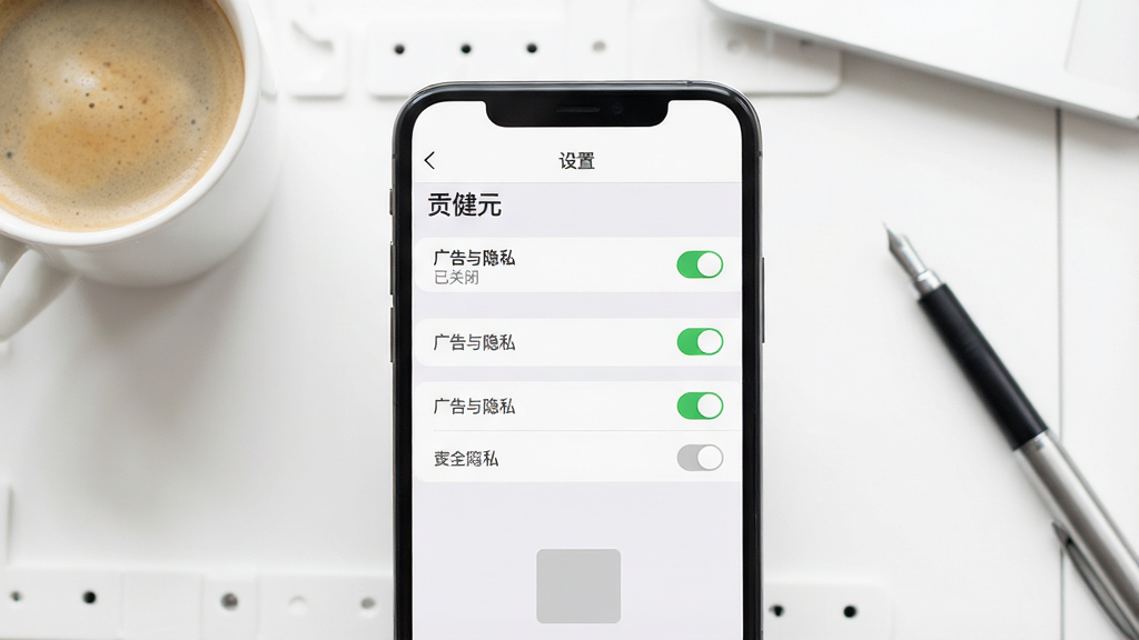 图片生成占位符:主体:一个极简风格的手机应用界面特写,屏幕显示“贡健元”的“设置”页面,顶部有“广告与隐私”选项并显示“已关闭”状态,周围无任何弹窗或横幅。布局:手机屏幕居中,背景为纯白色工作台,只摆放一杯咖啡和一支笔,突出纯净感。排版:界面文字为深灰色,选项列表清晰,开关按钮为绿色,状态明确。风格:干净、简约、商务风,光线柔和。画质:高清,细节锐利,无多余元素。