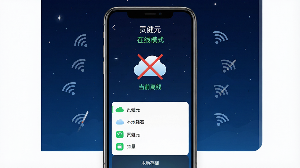 图片生成占位符:主体:手机屏幕显示“贡健元”的离线模式界面,中央有一个云朵被斜线划掉的图标,下方显示“当前离线”状态,但功能列表依然亮着。布局:手机居中,背景为深蓝色夜空风格,周围有WiFi信号断开的小图标。排版:界面文字清晰,状态提示为绿色,底部有“本地存储”字样。风格:科技感、静谧,画质高清,无多余元素。