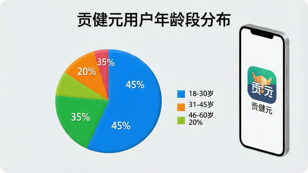 图片生成占位符:主体:一张饼状图,图例显示“18-30岁”占45%,“31-45岁”占35%,“46-60岁”占20%,旁边配有一部手机显示“贡健元”应用图标。布局:饼图居中,背景为浅灰色,右侧有立体的手机模型。排版:百分比数字清晰,颜色鲜艳,标题为“贡健元用户年龄段分布”。风格:商务图表风格,简洁直观,画质干净无多余元素。